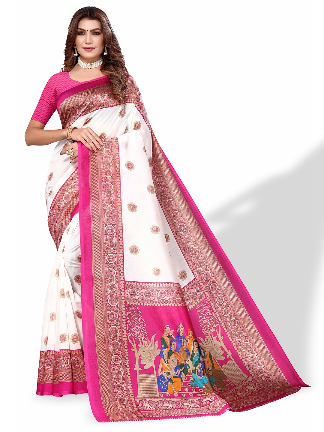 

Poshyaa Ethnic Motifs Printed Art Silk Mysore Silk Saree, White