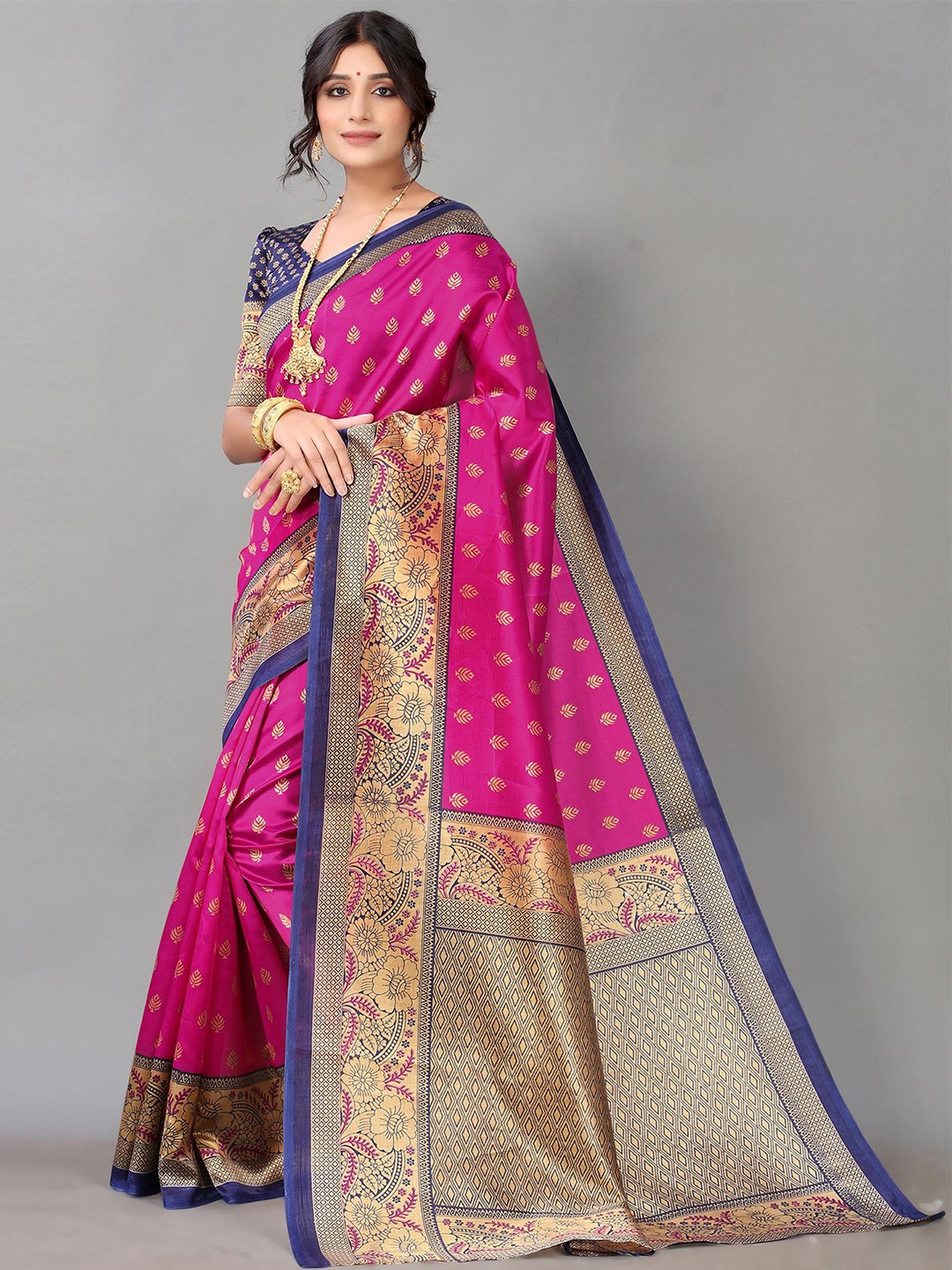 

Poshyaa Art Silk Ready to Wear Mysore Silk Saree, Pink