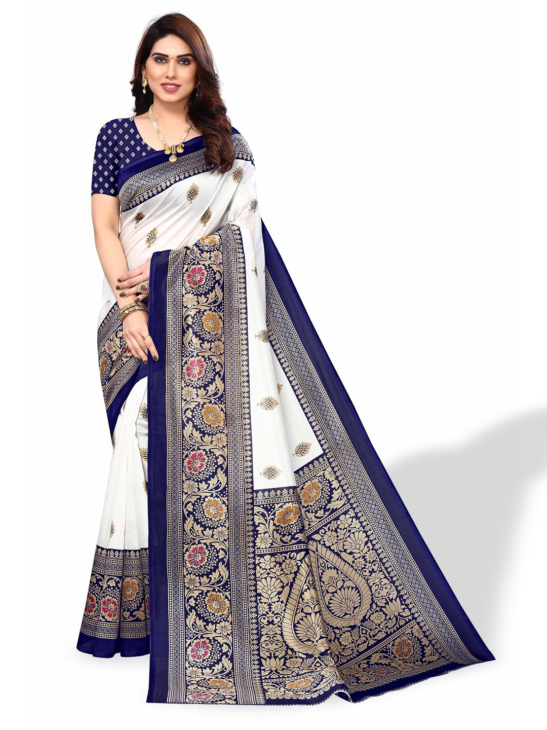 

Poshyaa Ethnic Motifs Printed Art Silk Mysore Silk Saree, Navy blue