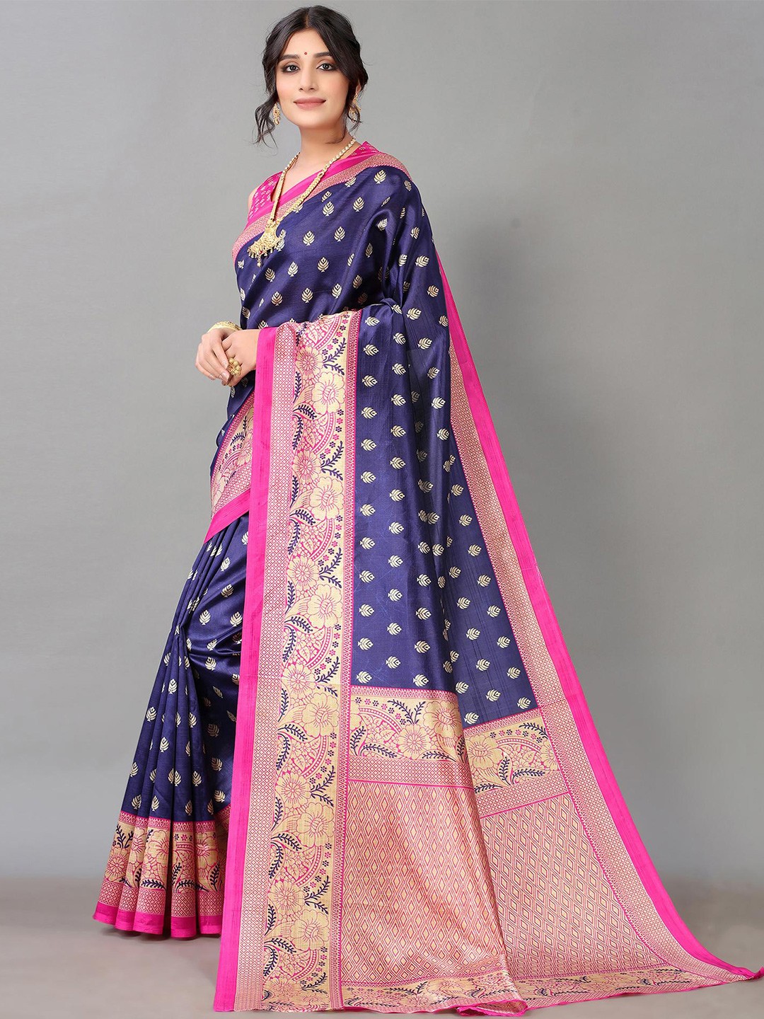 

Poshyaa Ethnic Motifs Woven Design Zari Mysore Silk Saree, Navy blue