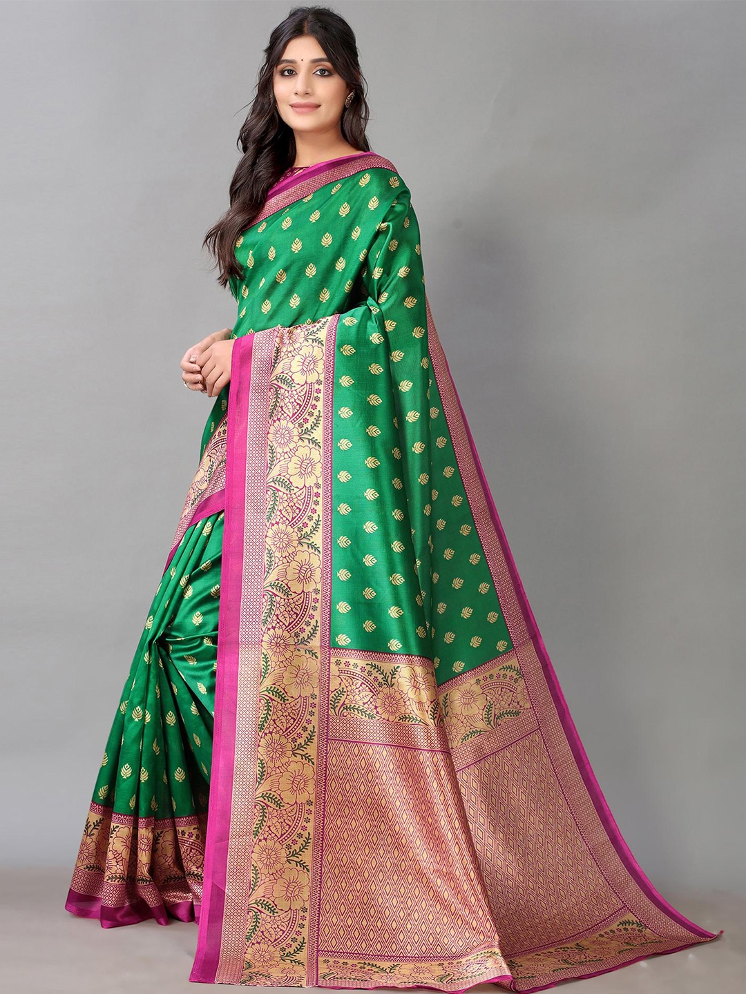 

Poshyaa Ethnic Motifs Printed Art Silk Mysore Silk Saree, Green