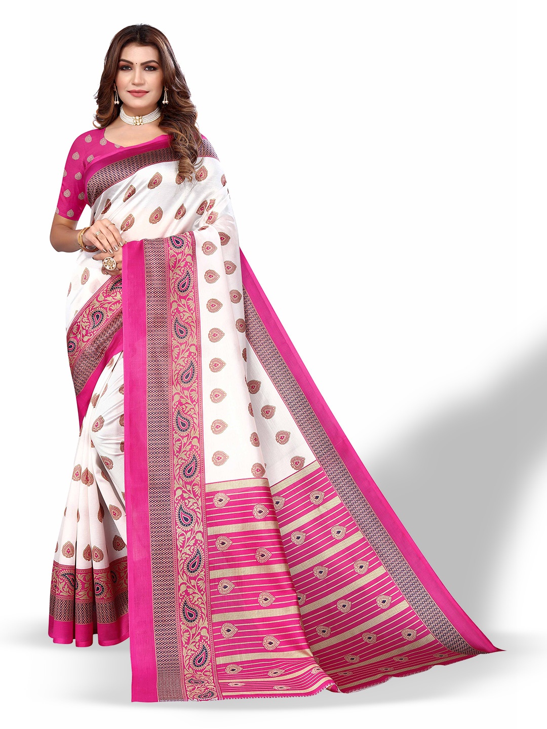 

Poshyaa Art Silk Ready to Wear Mysore Silk Saree, White