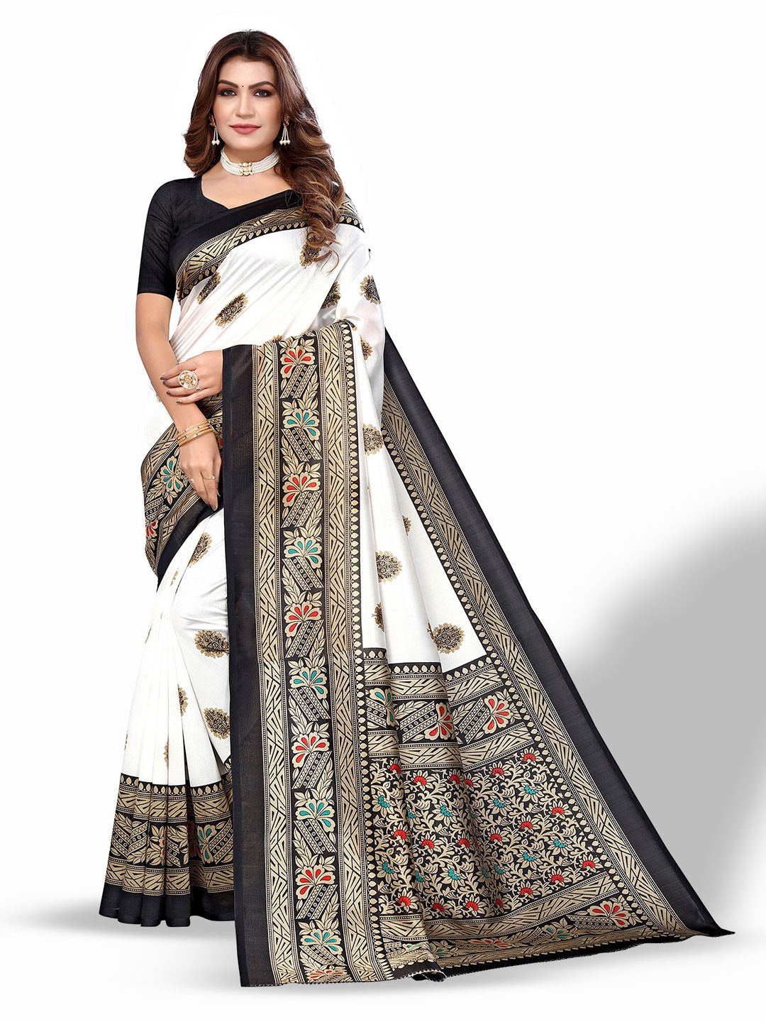

Poshyaa Ethnic Motifs Art Silk Mysore Silk Saree With Blouse Piece, White