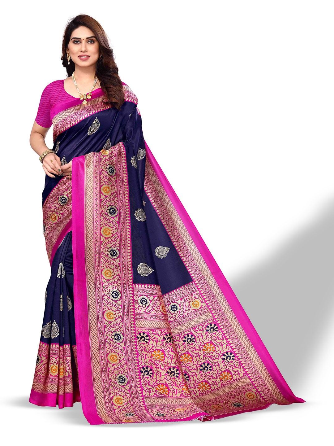 

Poshyaa Ethnic Printed Mysore Silk Saree, Navy blue