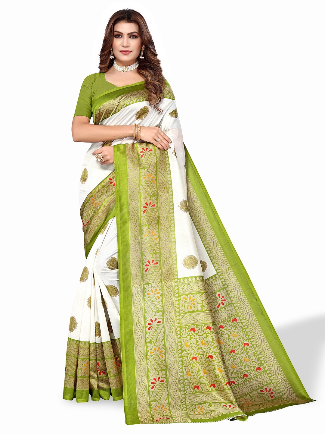 

Poshyaa Floral Woven Design Mysore Silk Saree, Green