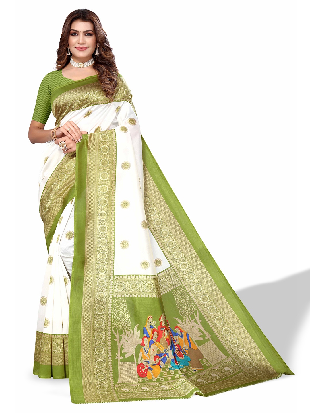 

Poshyaa Ethnic Motif Printed Mysore Silk Saree, White