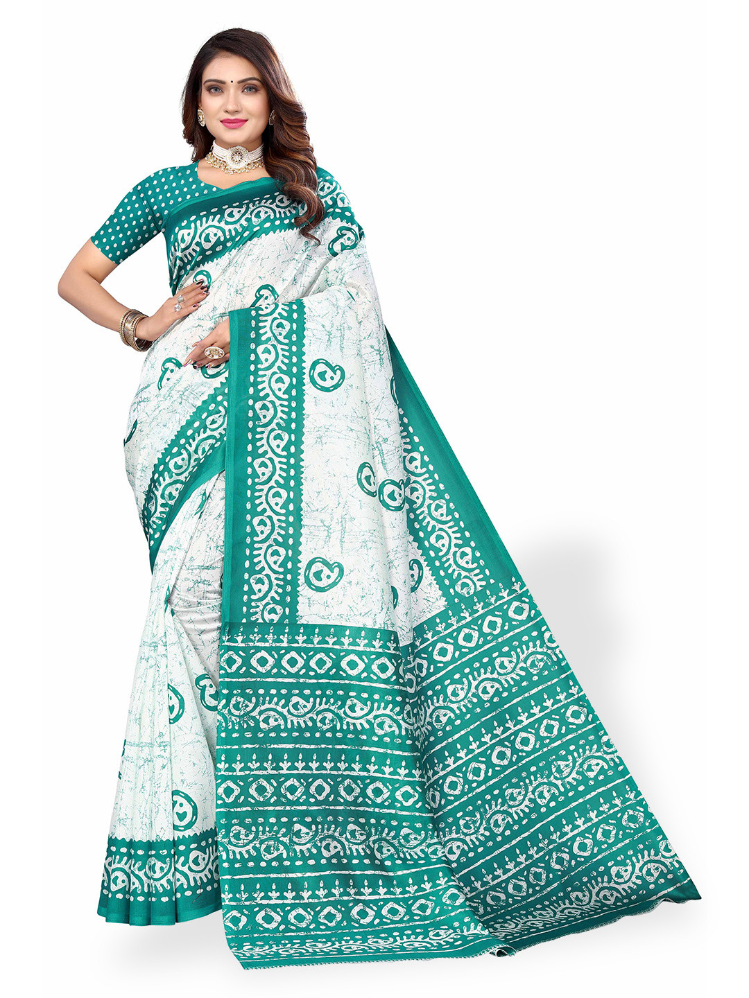 

Poshyaa Paisley Printed Art Silk Mysore Silk Saree, White