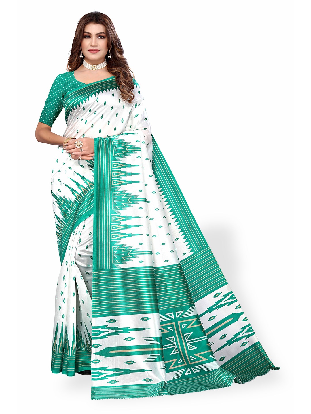 

Poshyaa Geometric Printed Mysore Silk Saree, Teal