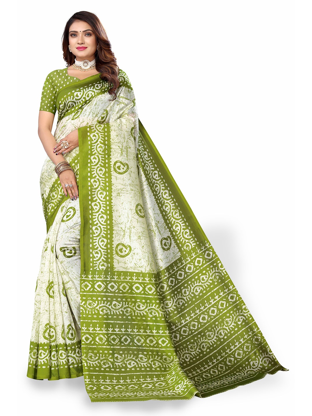 

Poshyaa Ethnic Motifs Printed Mysore Silk Saree, Green