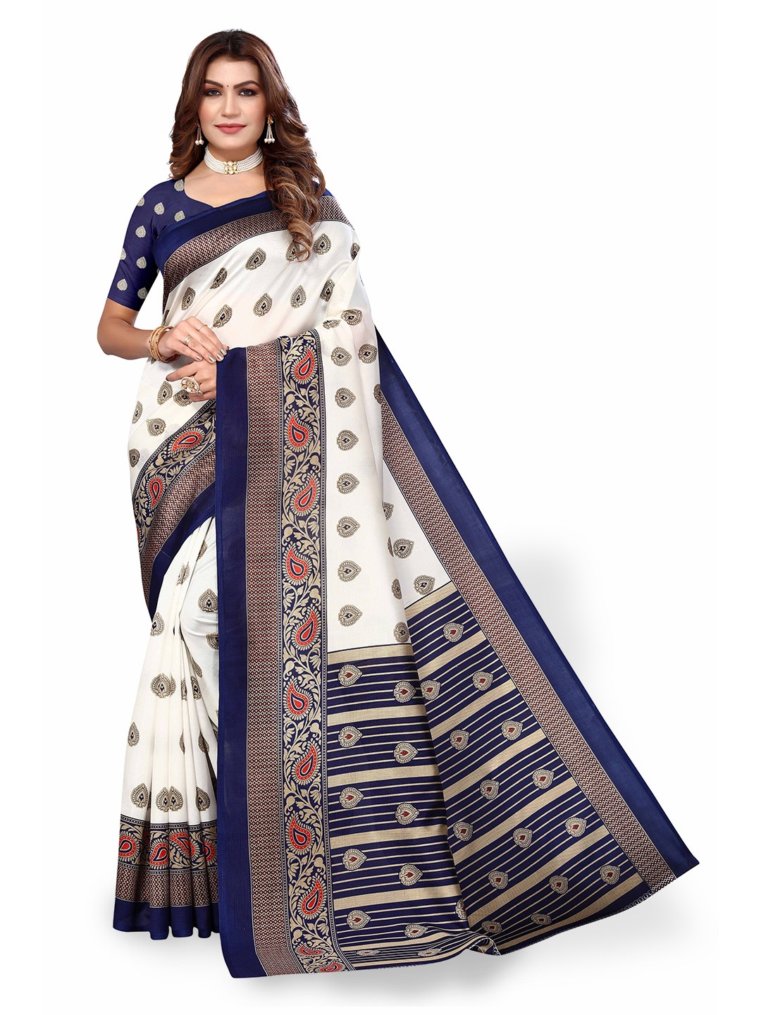 

Poshyaa Ethnic Motifs Art Silk Mysore Silk Saree With Blouse Piece, White