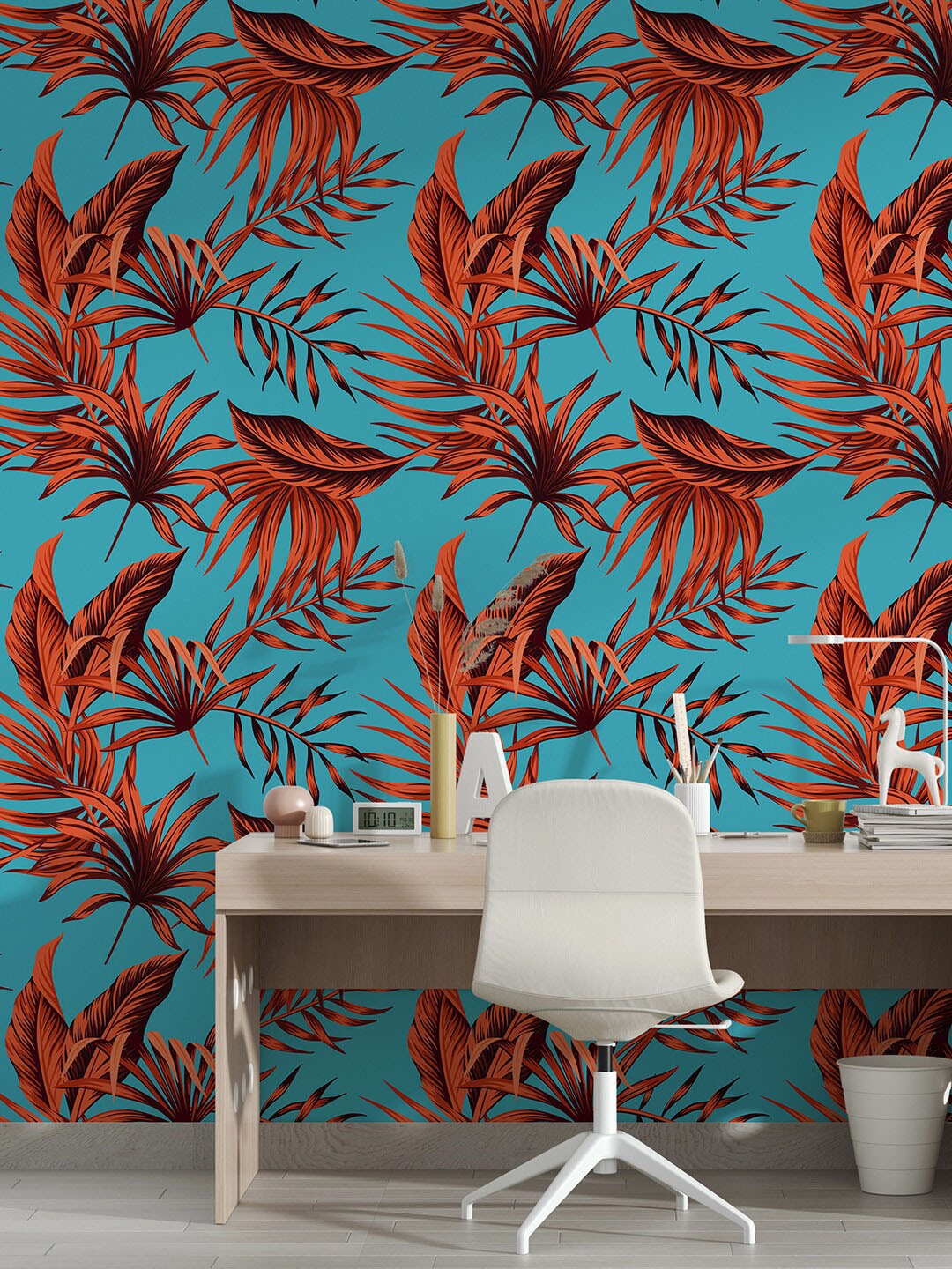 

PAPER PLANE DESIGN White & Red Leaves Printed Waterproof Wallpaper, Blue