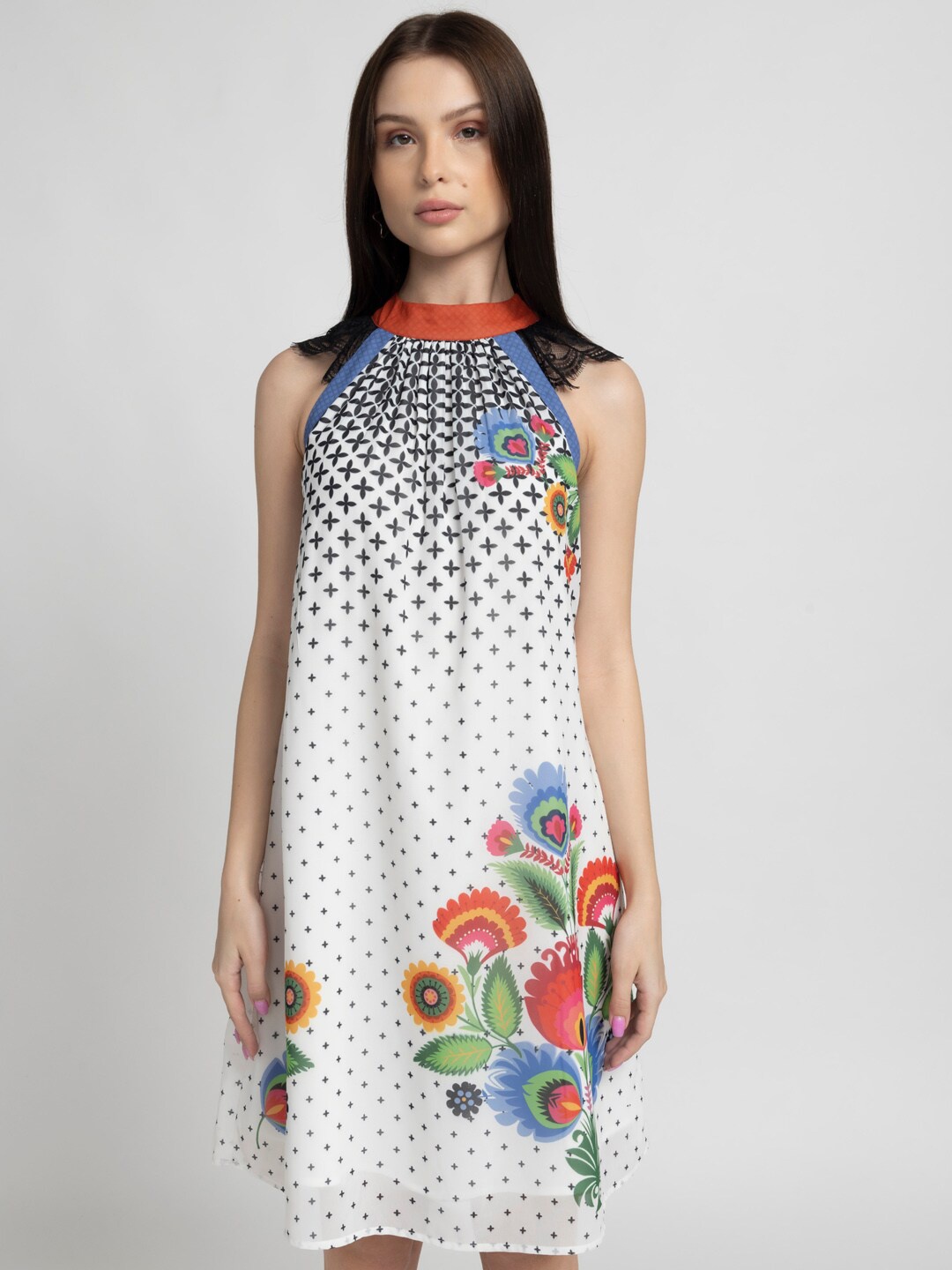 

SHAYE Printed Crepe A-Line Dress, White