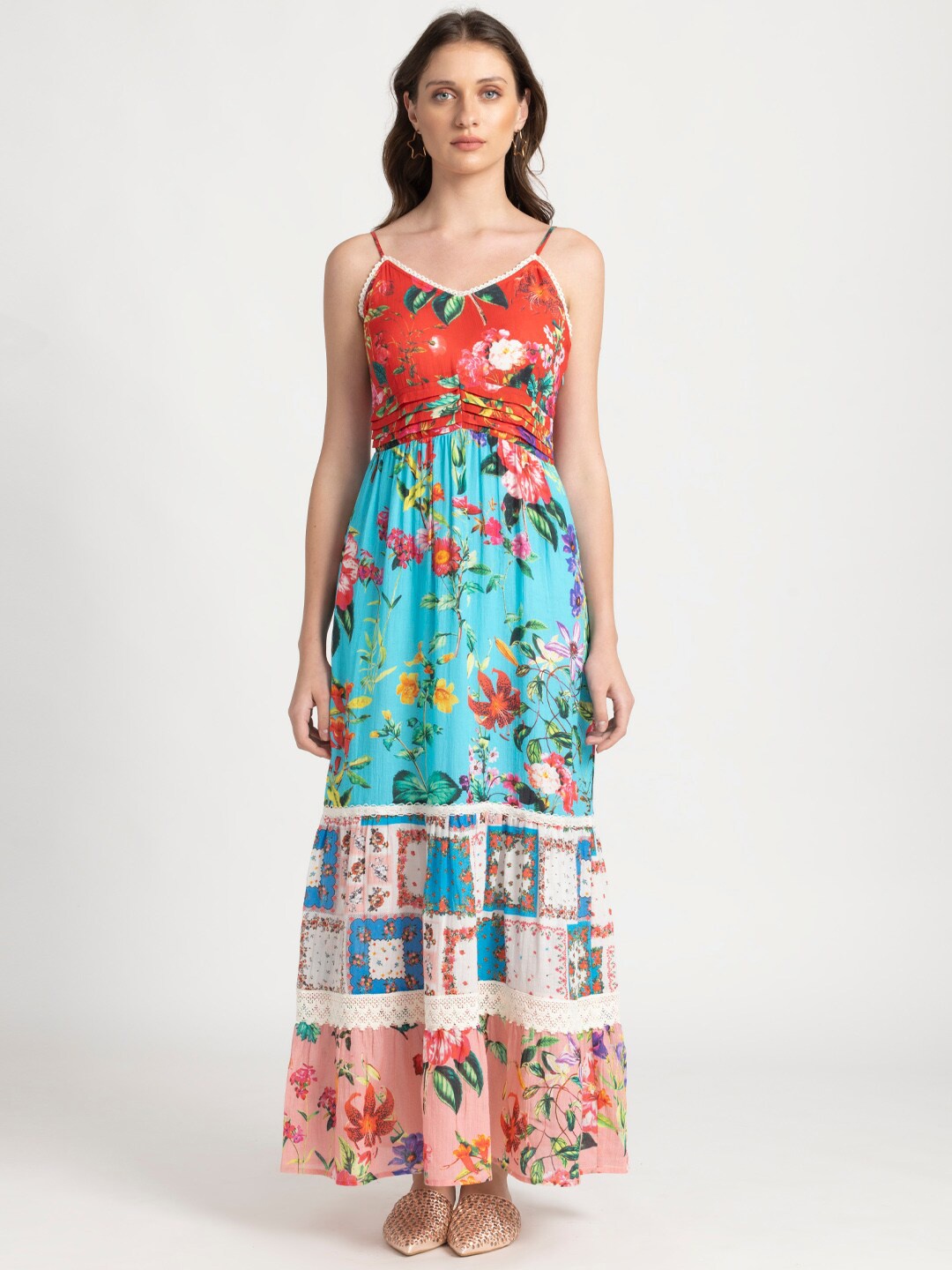

SHAYE Floral Printed Sleeveless Pure Cotton Maxi Dress, Blue