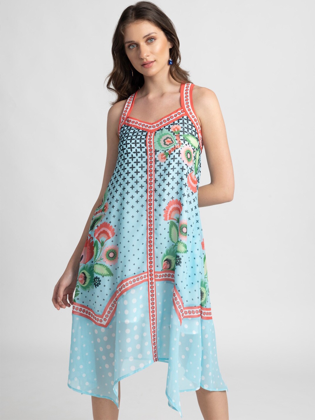 SHAYE Floral Printed A-Line Midi Dress, Blue