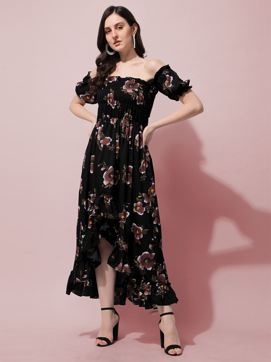 

Oomph! Floral Print Off-Shoulder Fit & Flare Maxi Dress, Black