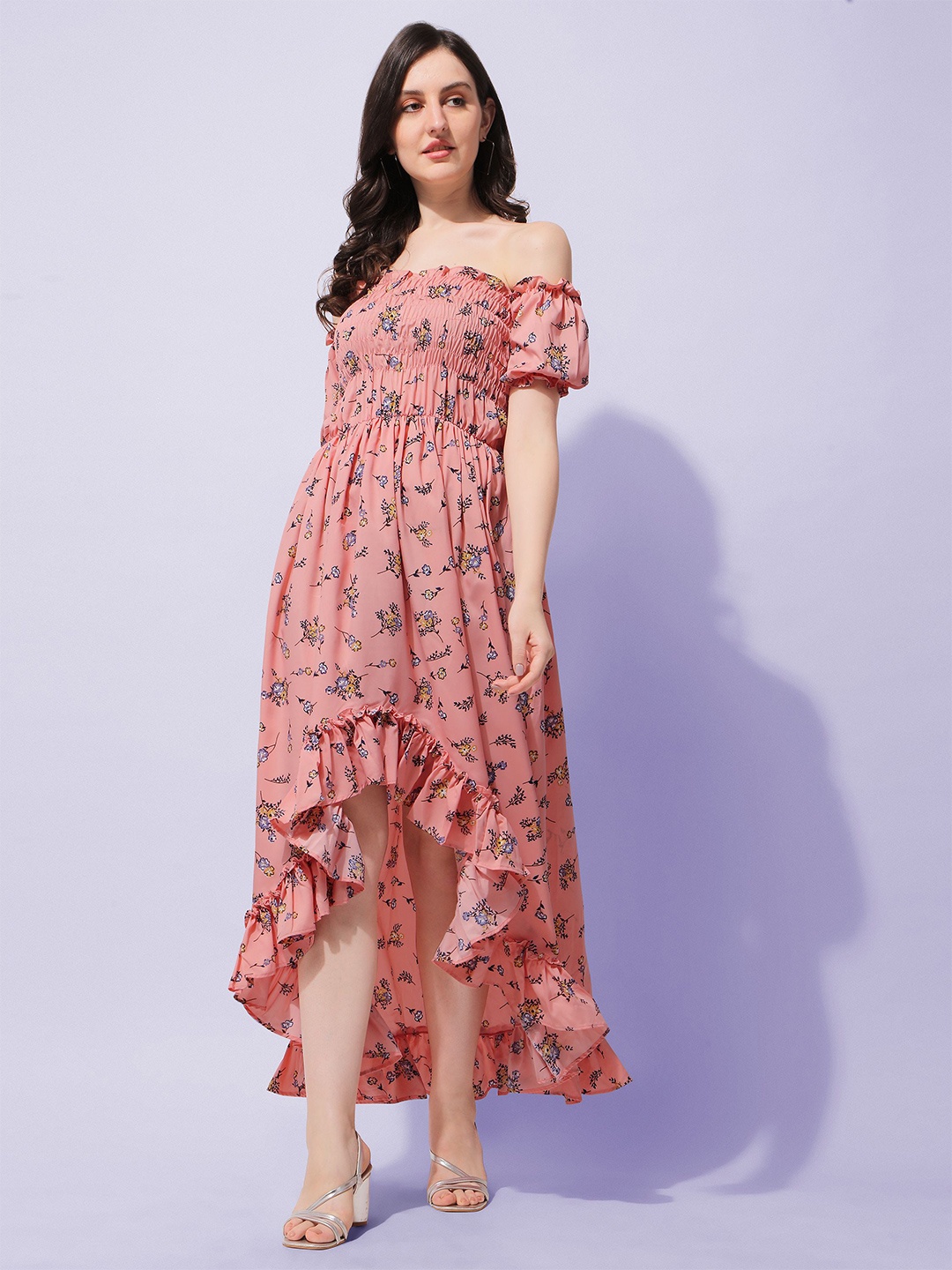 

Oomph! Floral Print Off-Shoulder Crepe Fit & Flare Midi Dress, Orange