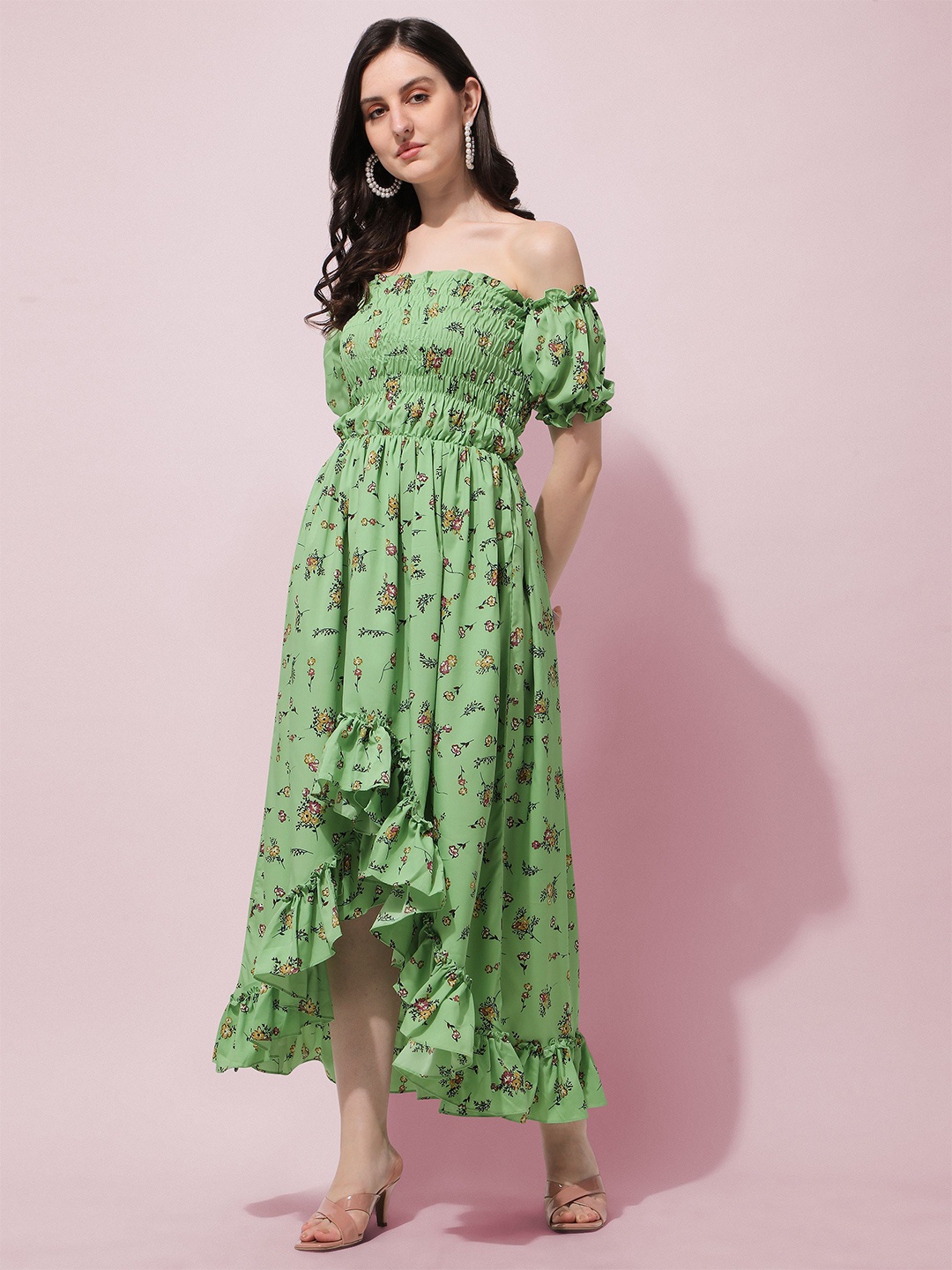 

Oomph! Floral Print Off-Shoulder Crepe Fit & Flare Dress, Green