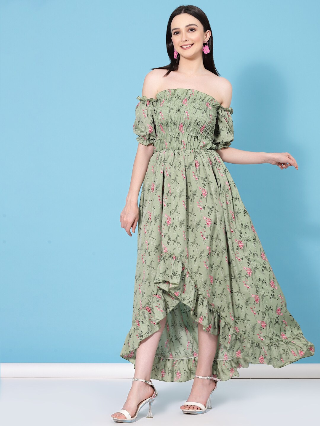 

Oomph! Floral Print Puff Sleeve A-Line Dress, Green