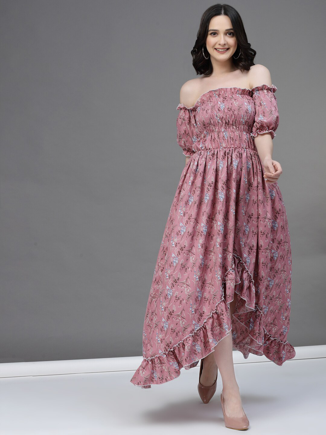 

Oomph! Floral Printed Cold-Shoulder Sleeve Maxi Dress, Pink