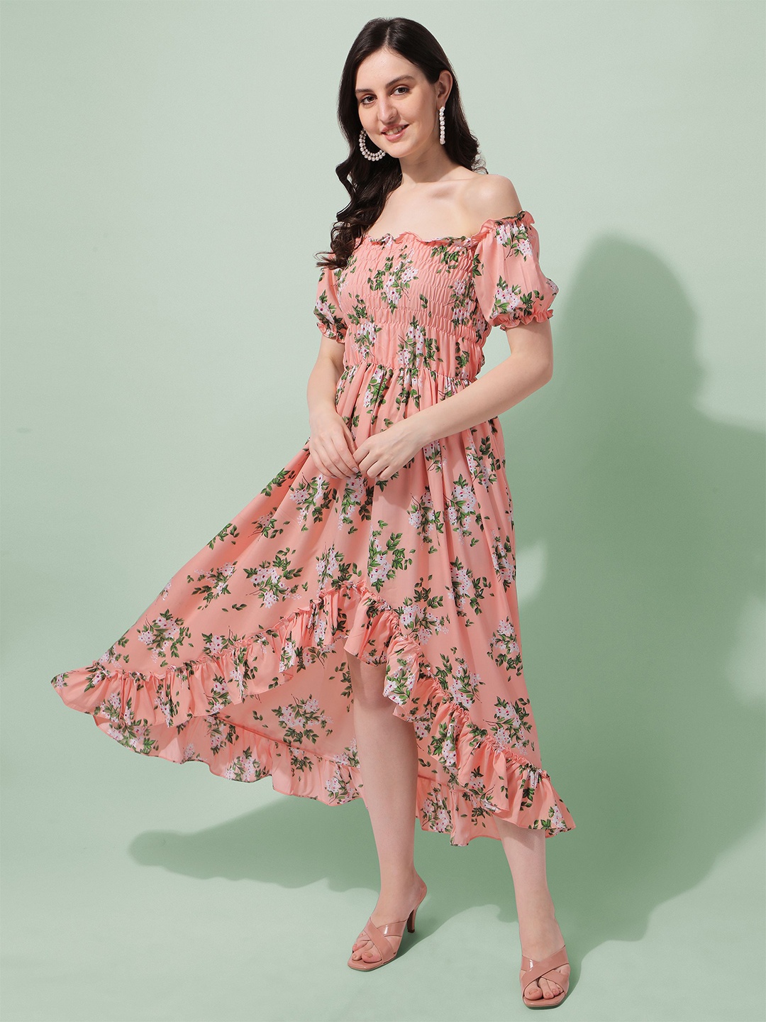 

Oomph! Floral Printed Cold-Shoulder Sleeve Maxi Dress, Peach
