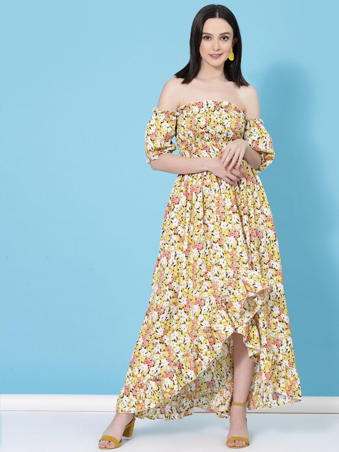 

Oomph! Floral Print Puff Sleeve Crepe A-Line Dress, Yellow