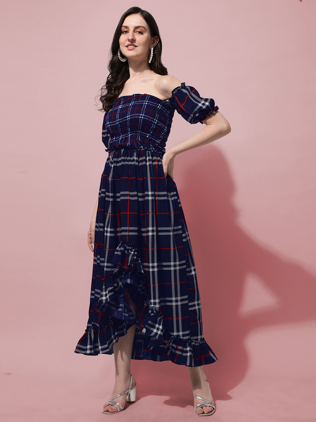 

Oomph! Checked Off-Shoulder Puff Sleeve Crepe Fit & Flare Maxi Dress, Blue