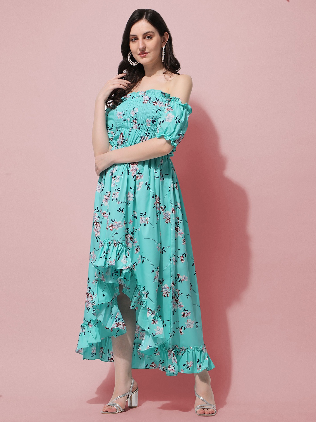 

Oomph! Floral Print Off-Shoulder Puff Sleeve Crepe Fit & Flare Maxi Dress, Green