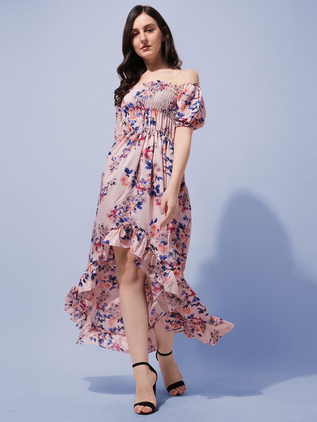 

Oomph! Floral Printed Off-Shoulder Puff Sleeves Fit & Flare Midi Dress, Pink