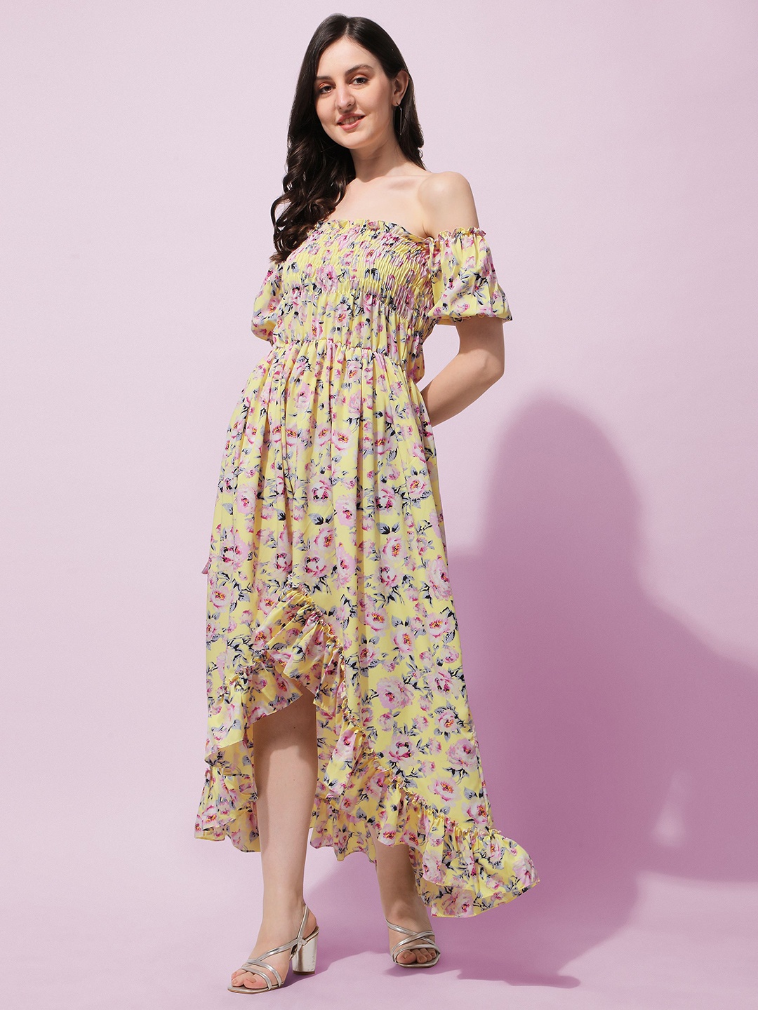 

Oomph! Floral Print Off-Shoulder Puff Sleeve Crepe Fit & Flare Maxi Dress, Yellow