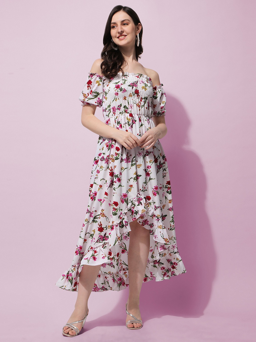 

Oomph! Floral Print Cold-Shoulder Crepe Fit & Flare Midi Dress, White