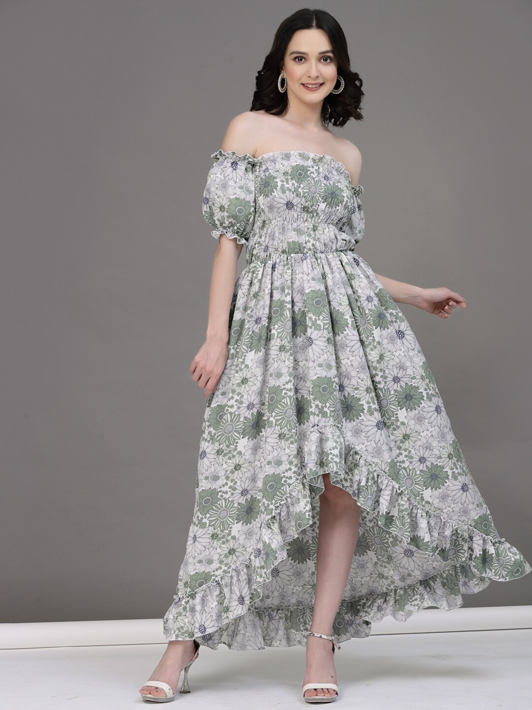 

Oomph! Floral Printed Cold-Shoulder Sleeve Maxi Dress, Green