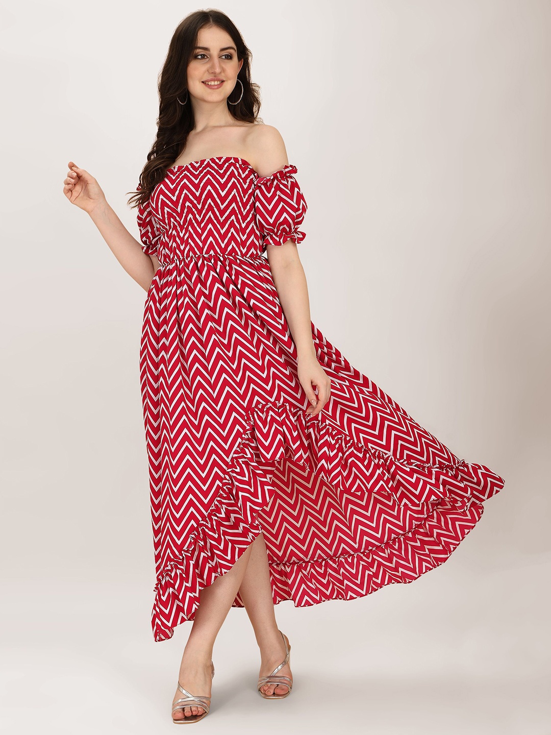 

Oomph! Printed Off-Shoulder Puff Sleeve Maxi Dress, Red