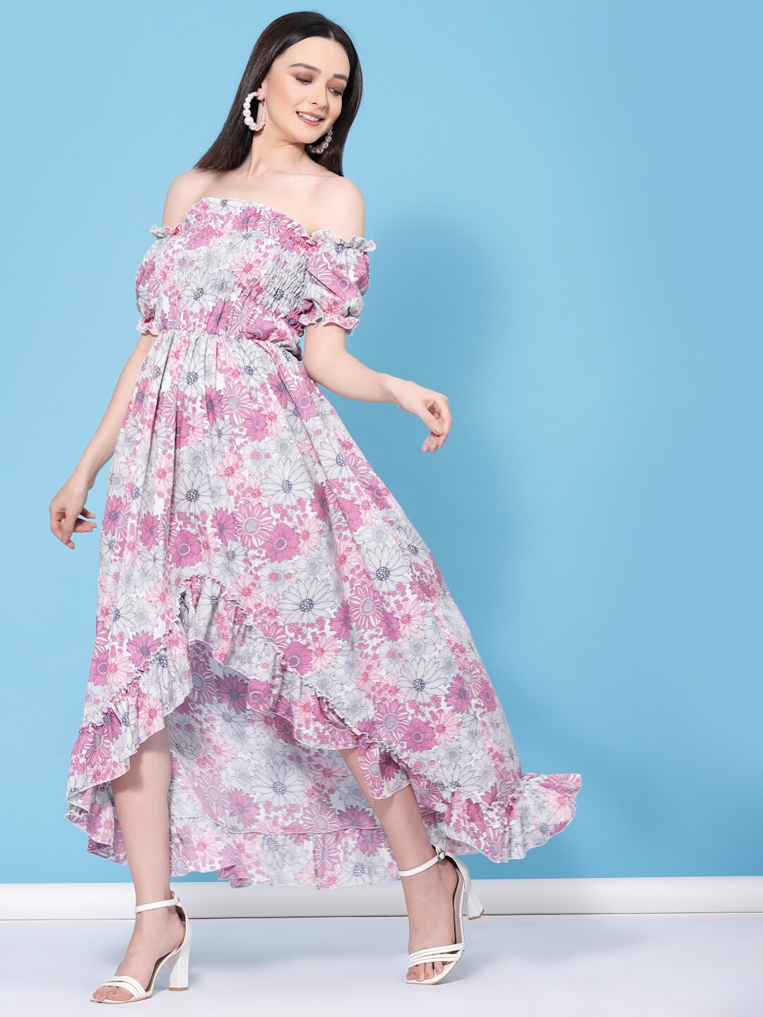 

Oomph! Floral Print Puff Sleeve Crepe Fit and Flare Dress, Pink