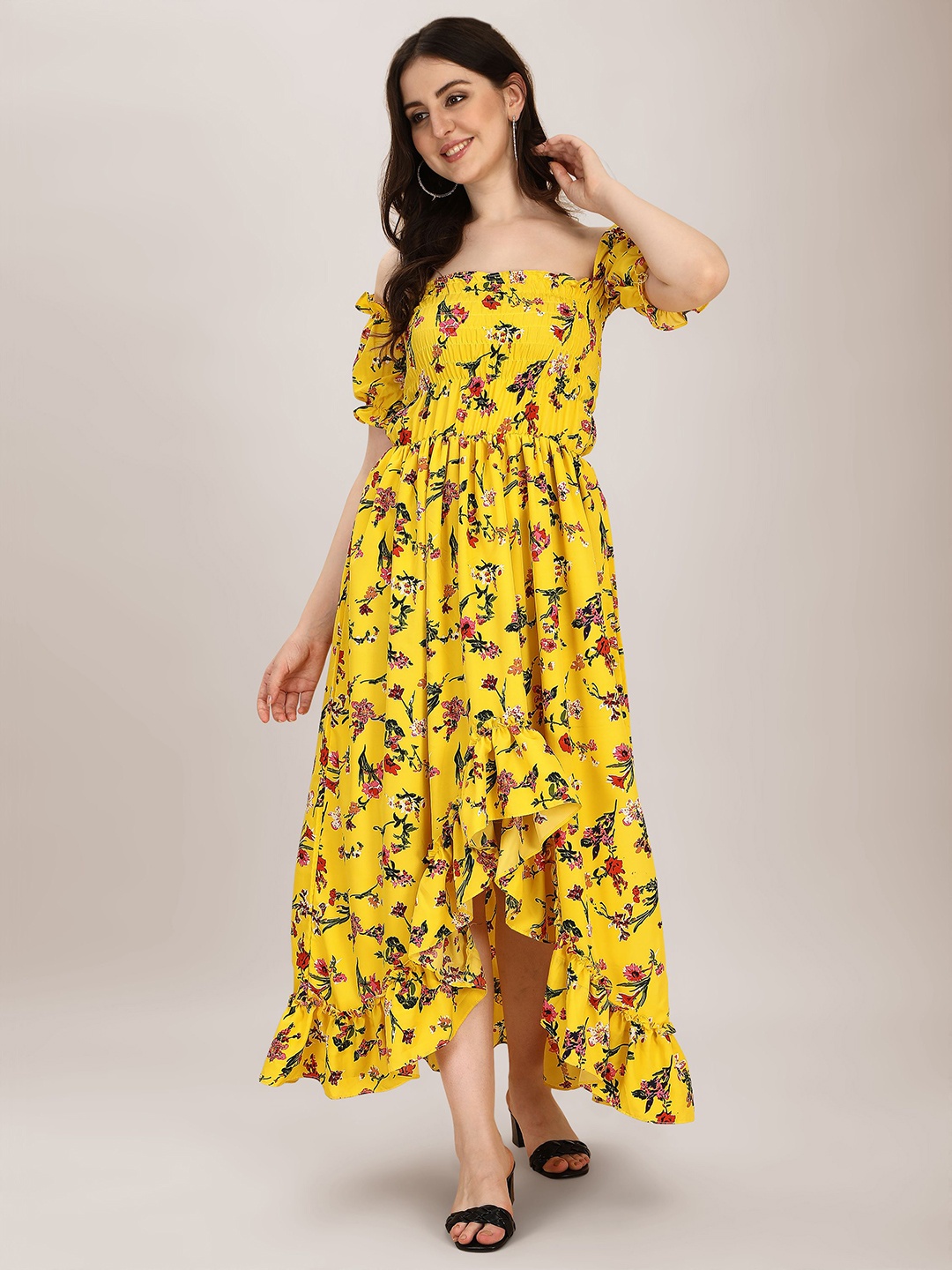 

Oomph! Floral Print Off-Shoulder Puff Sleeve A-Line Maxi Dress, Yellow