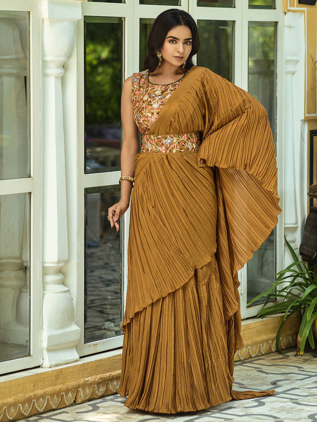 

Satrani Mustrad Yellow Striped Embroidered Saree, Mustard