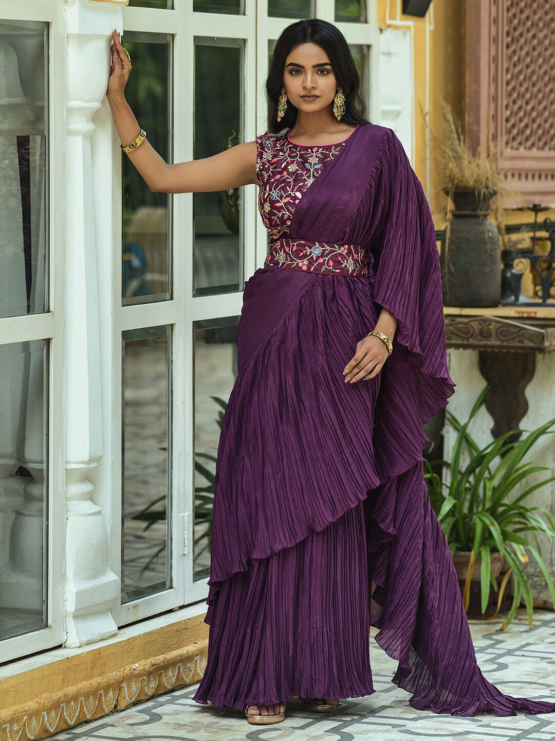 

Satrani Embellished Silk Blend Saree, Purple
