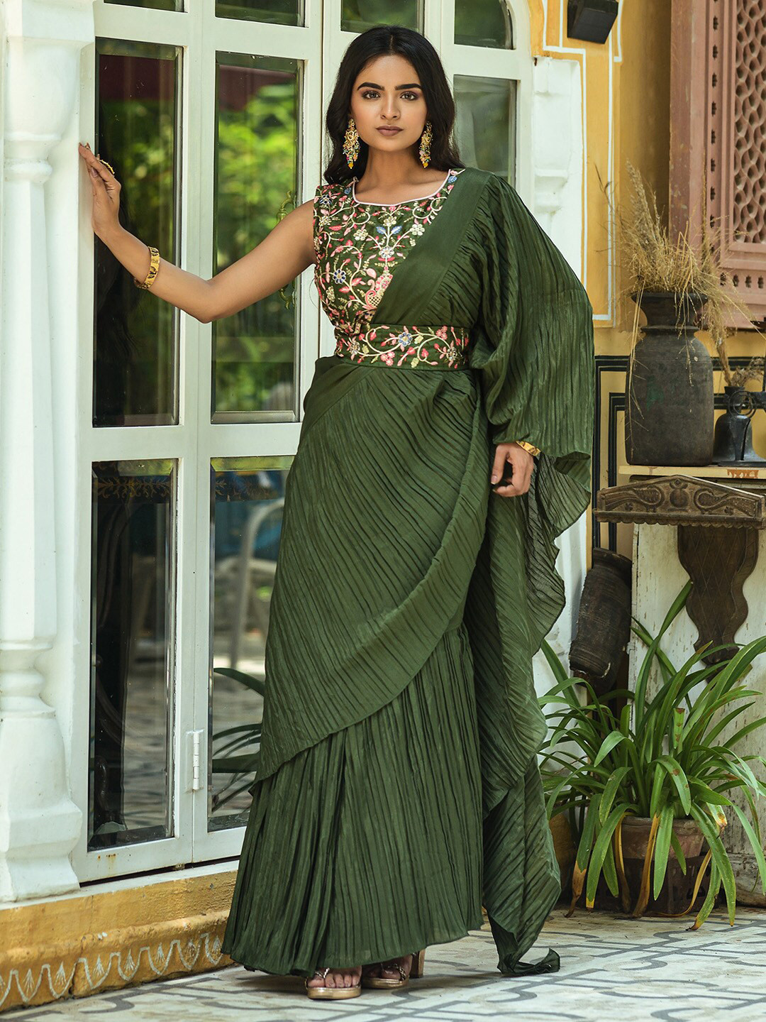 

Satrani Olive Green Embellished Silk Blend Saree