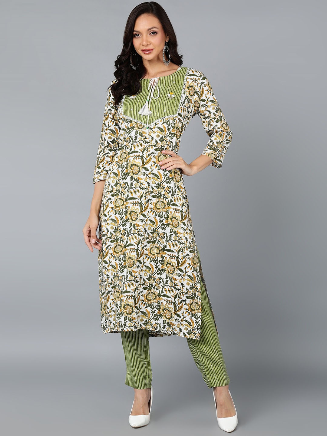

KALINI Floral Printed Tie Up Neck Thread Work Pure Cotton Kurta With Trousers, Green