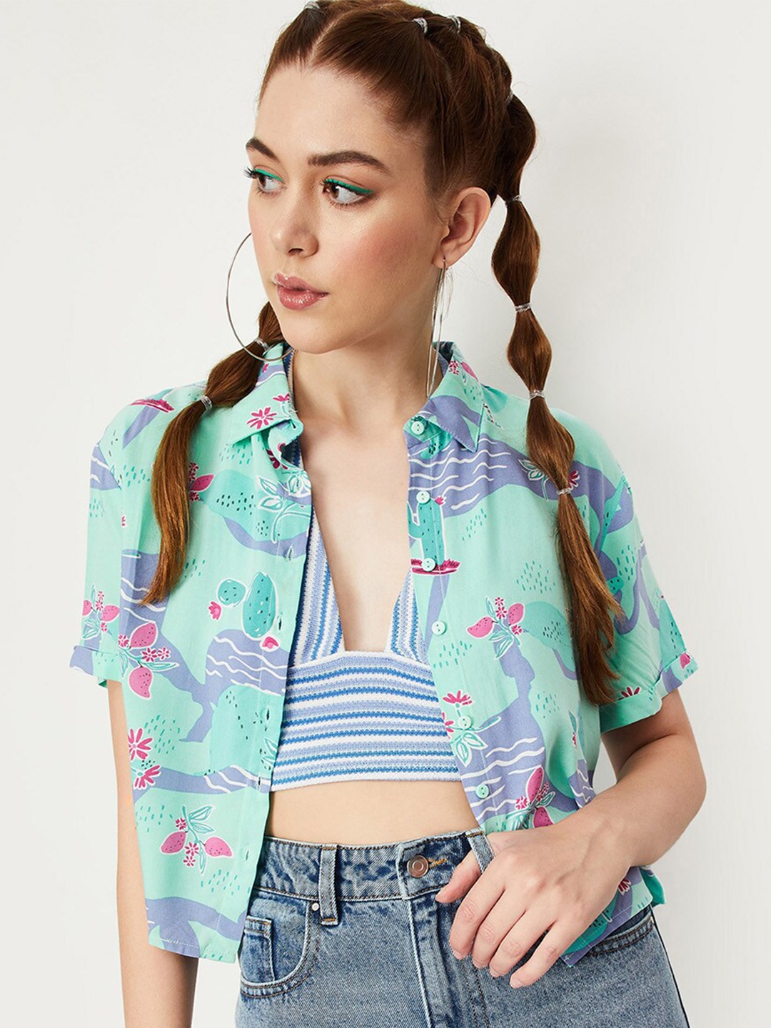 

max Floral Printed Casual Crop Shirt, Green