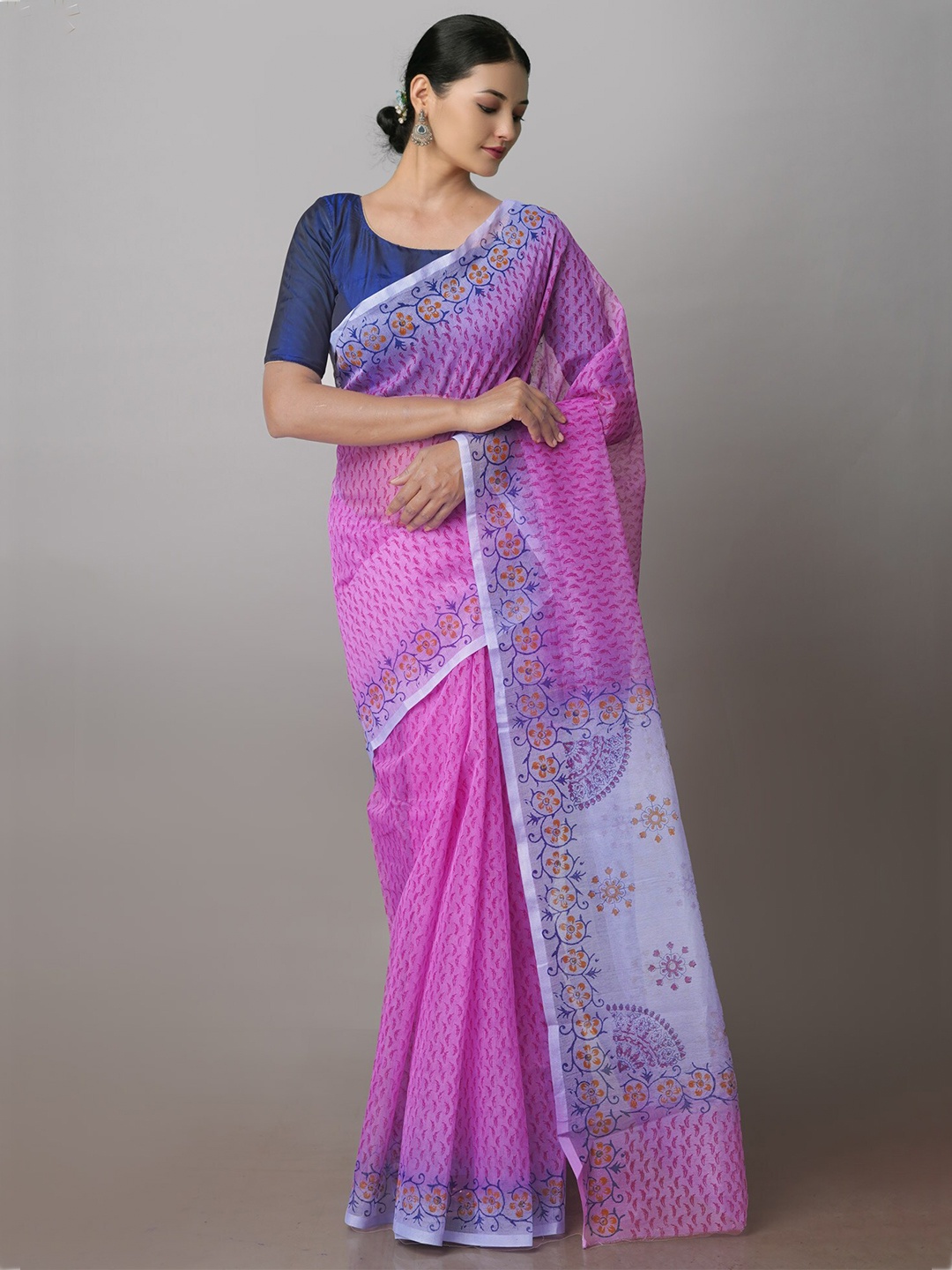 

Unnati Silks Ethnic Motifs Supernet Block Print Saree, Pink