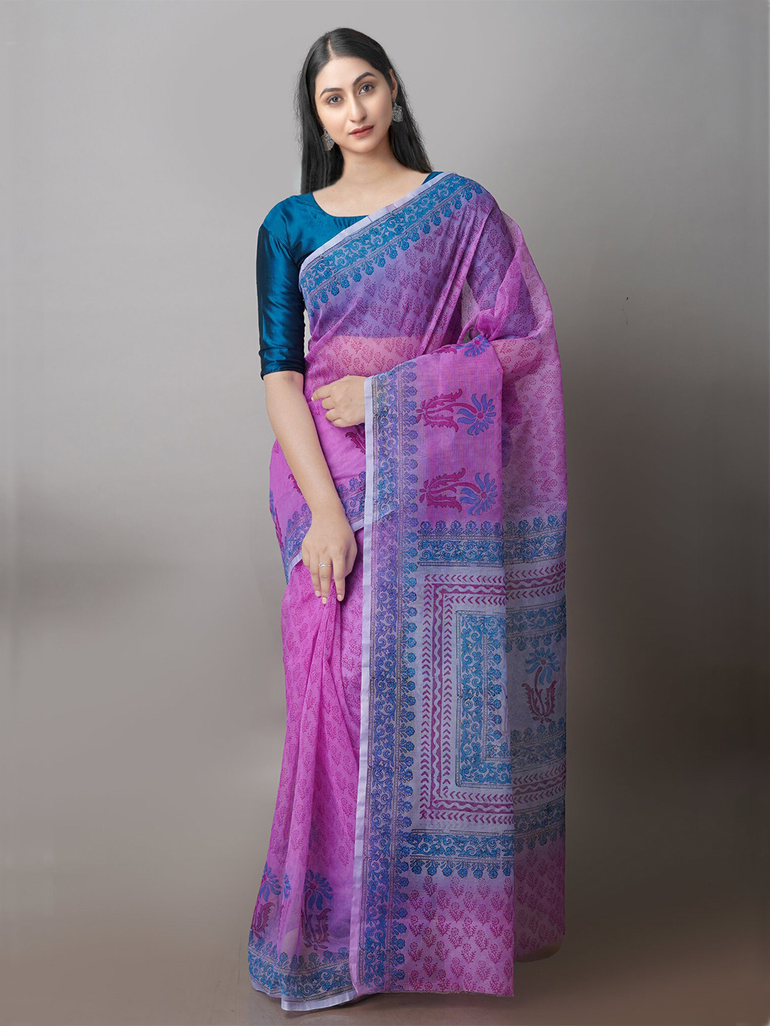

Unnati Silks Ethnic Motifs Printed Supernet Block Print Saree, Pink