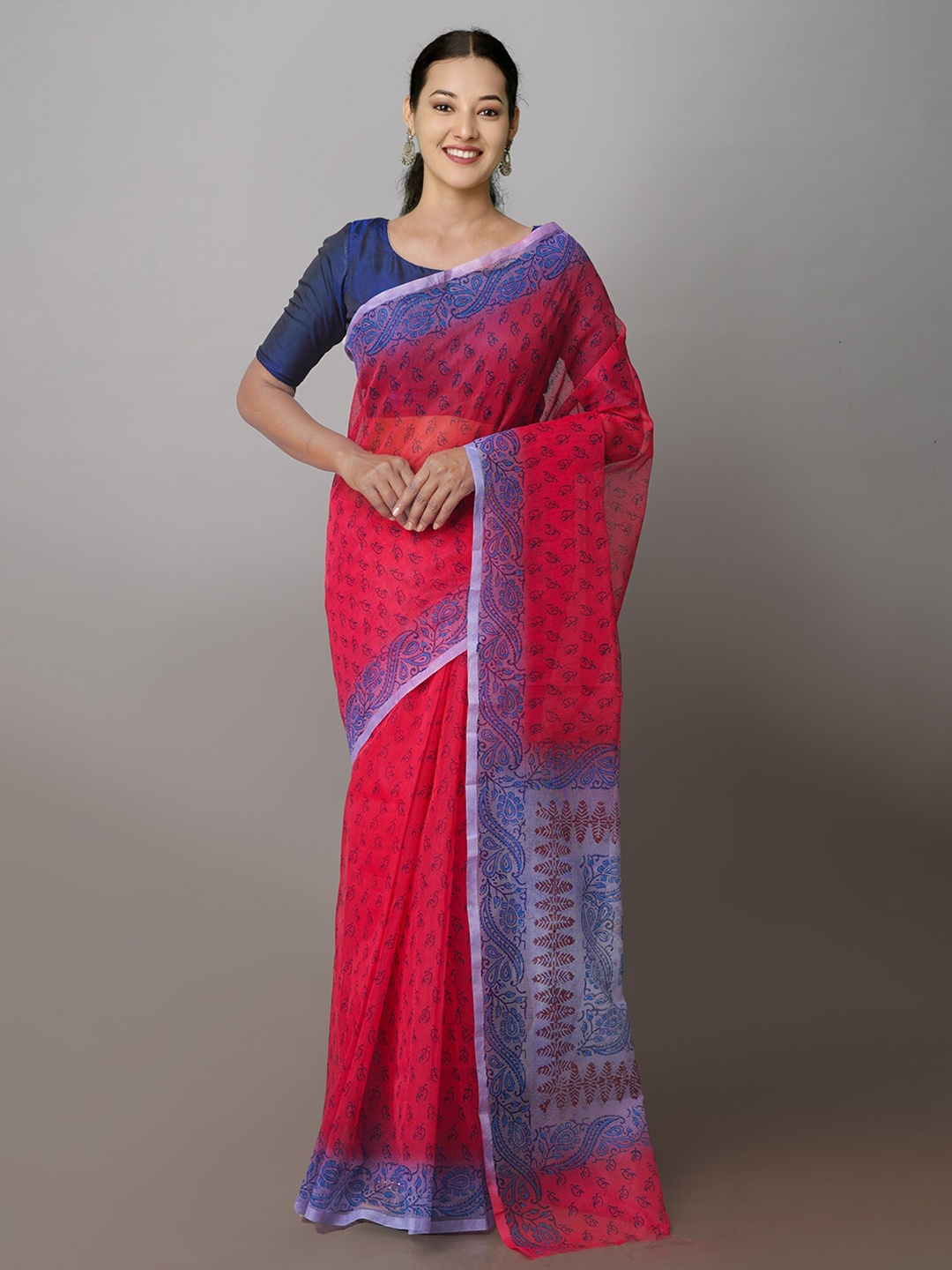 

Unnati Silks Ethnic Motifs Block Printed Supernet Saree, Red