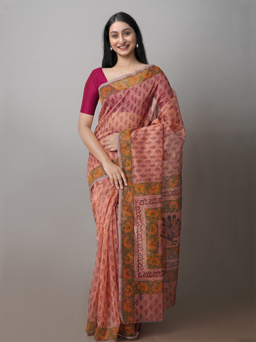 

Unnati Silks Ethnic Motifs Supernet Block Print Saree, Peach