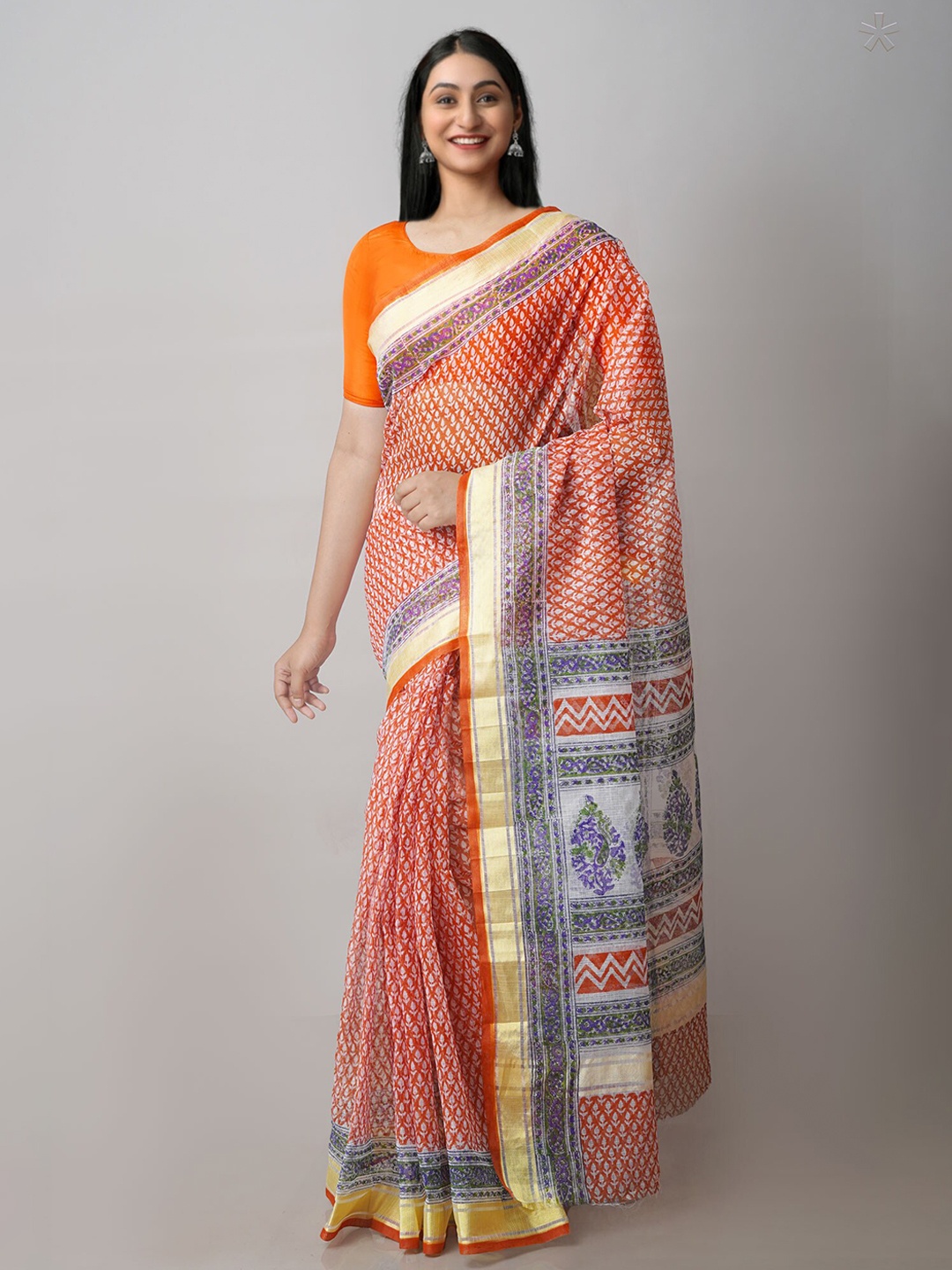 

Unnati Silks Ethnic Motifs Zari Pure Cotton Handloom Kota Saree, Orange