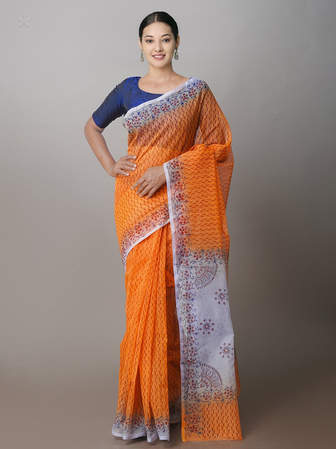 

Unnati Silks Ethnic Motifs Supernet Block Print Saree, Orange