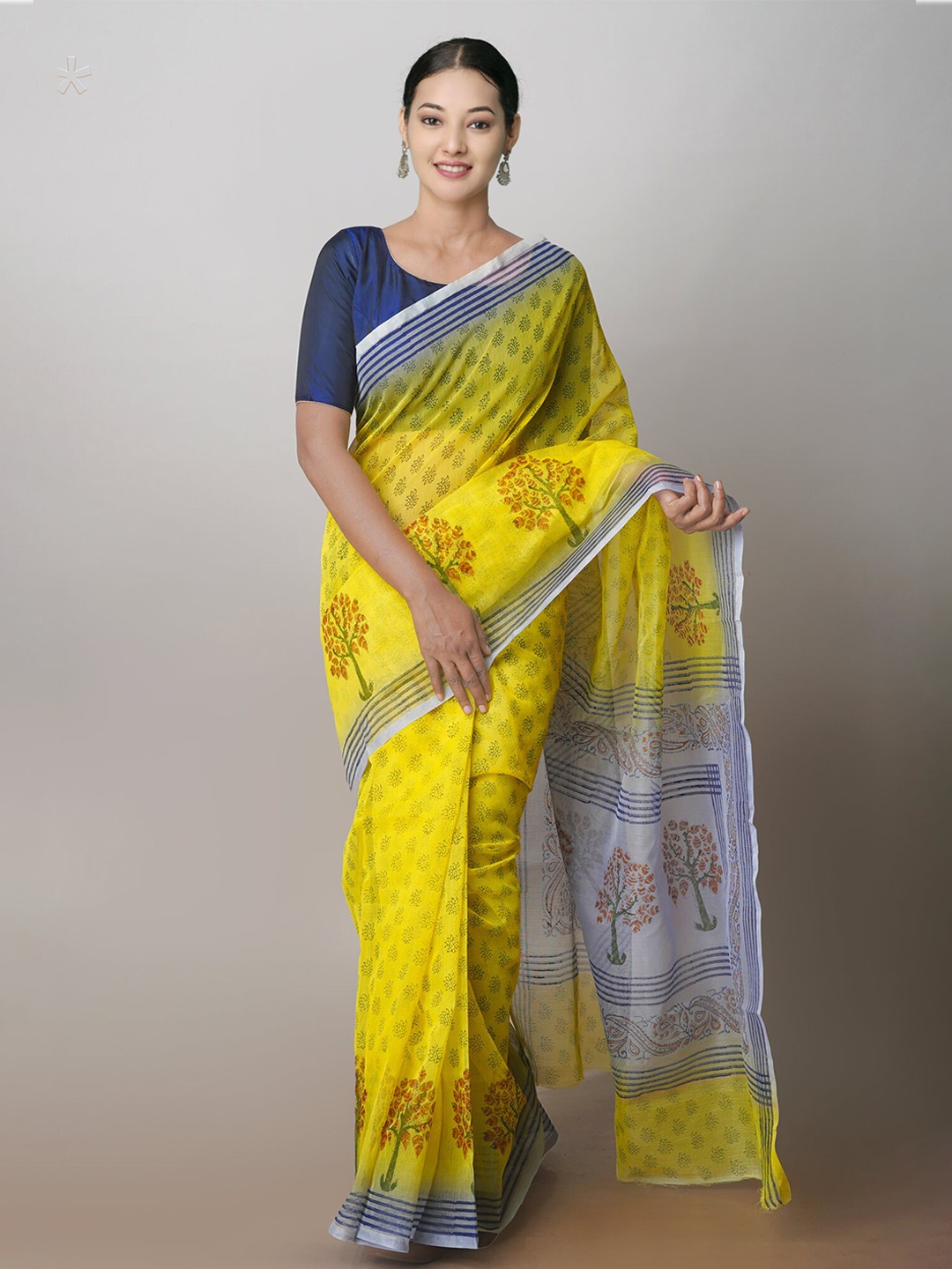

Unnati Silks Ethnic Motifs Block Printed Supernet Saree, Yellow