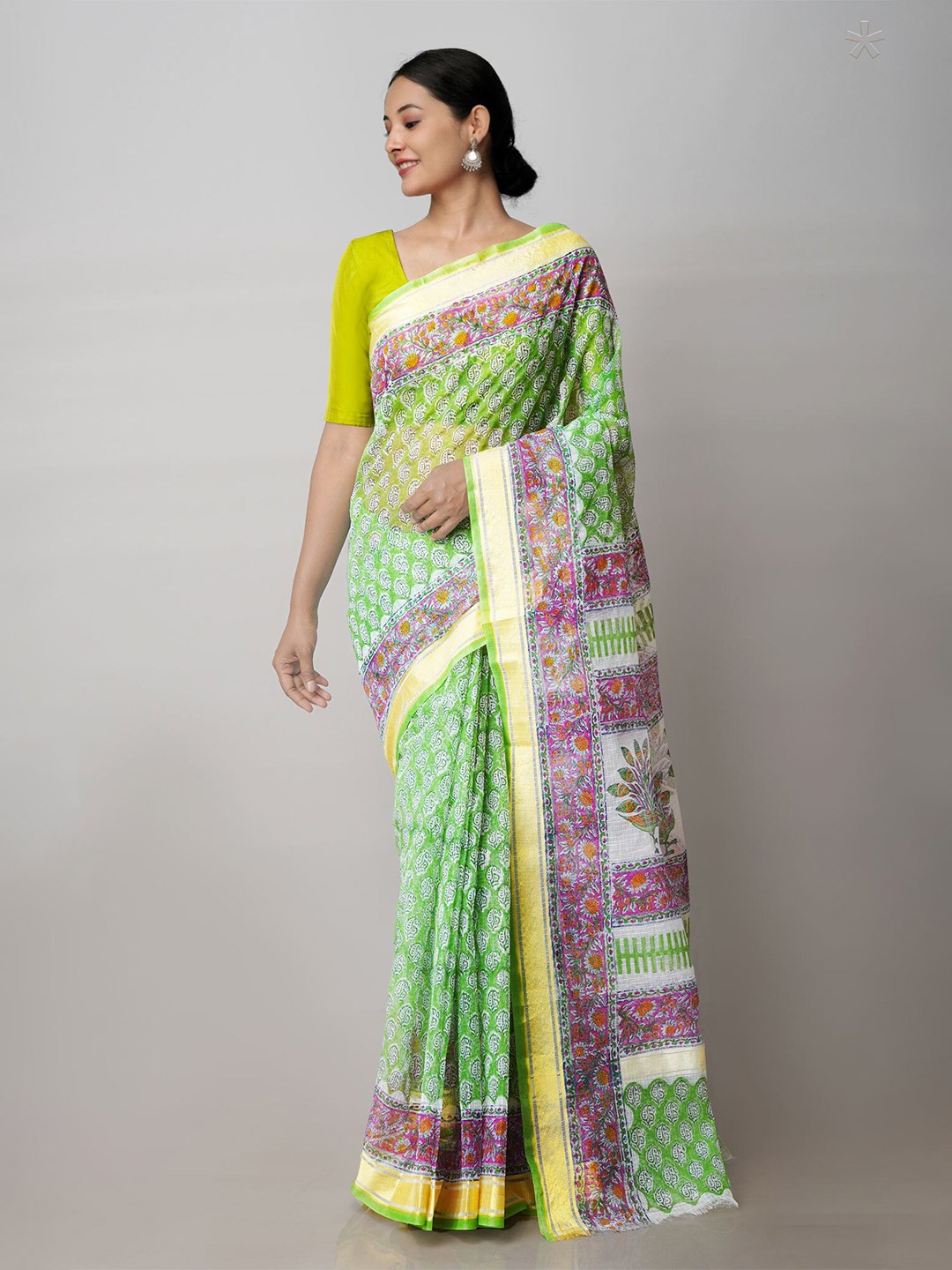 

Unnati Silks Ethnic Motifs Printed Zari Pure Cotton Kota Saree, Green