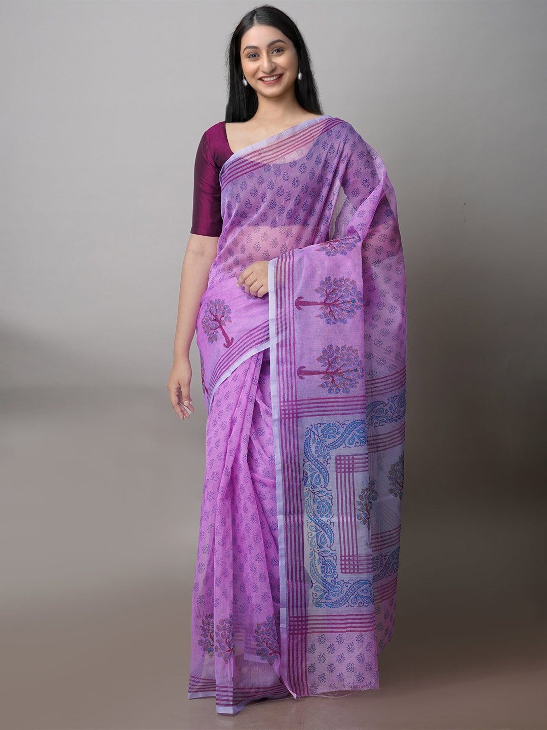 

Unnati Silks Ethnic Motifs Supernet Block Print Saree, Pink