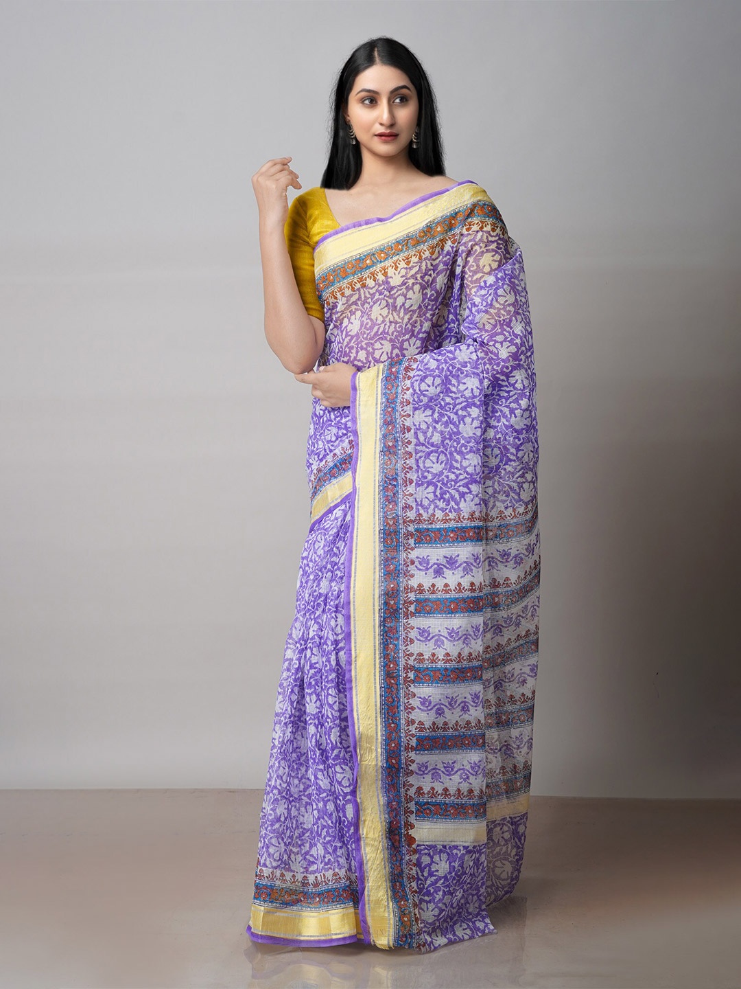 

Unnati Silks Sustainable Handloom Ethnic Motifs Printed Zari Pure Cotton Kota Saree, Violet