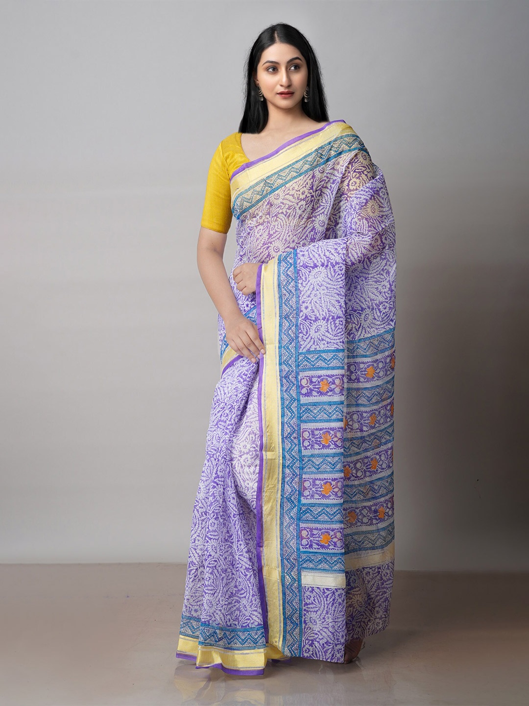 

Unnati Silks Floral Printed Zari Pure Cotton Handloom Kota Saree, Purple